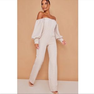 PRETTY LITTLE THING Stone Bardot Corset Chiffon Balloon Sleeve Jumpsuit NWT